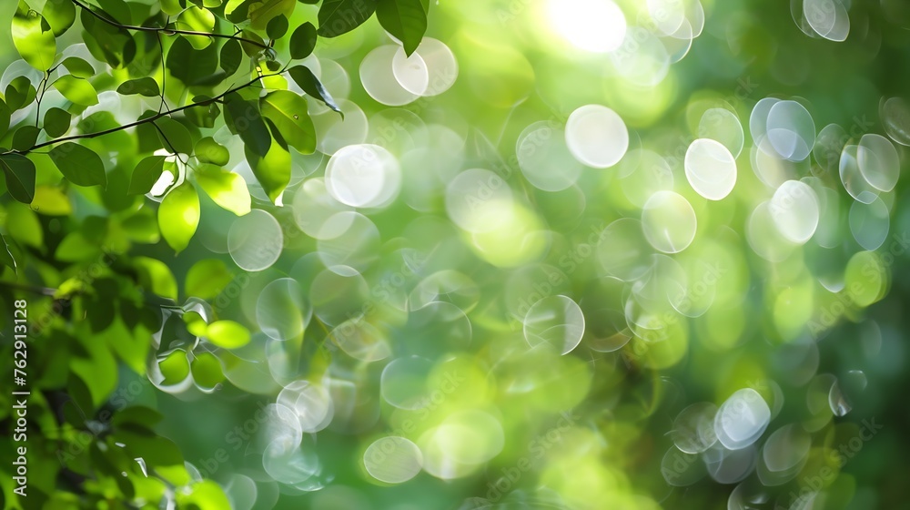 Poster Green bokeh out of focus background from nature forest : Generative AI