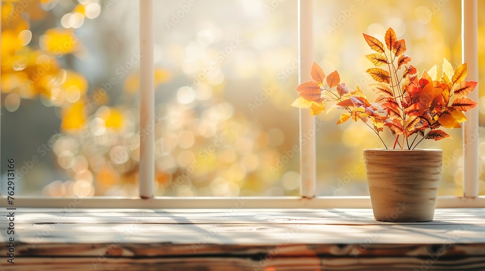Poster wooden table on blurred autumn window with plant pot background : generative ai