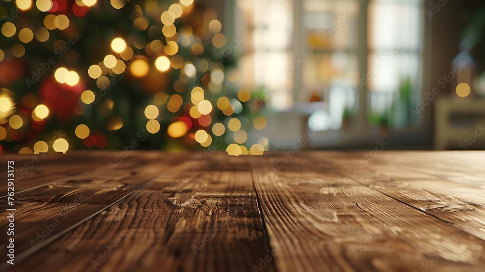 Poster The empty wooden brown table top with blur background of home room in winter Exuberant image : Generative AI