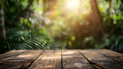 The empty rustic wooden plank table top with blur background of jungle Exuberant image : Generative...