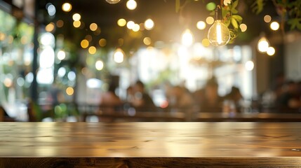 Wood table top with blurred people in cafe as background  can be used for montage or display your products : Generative AI