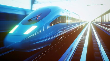 Blue high speed train runs on rail tracks  The train is going too fast as a result the air pressure is causing too much heat at the front : Generative AI - obrazy, fototapety, plakaty