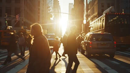 Silhouettes of men and women crossing a busy street in Midtown Manhattan New York City with sunlight shining in the background : Generative AI - obrazy, fototapety, plakaty