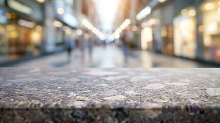 Stone table top and blurred shopping plaza background can used for display or montage your products : Generative AI