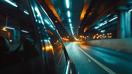 Motion time of a speedy night drive in a big city ending in the underground car parking Side view from the car window to the road with light trails from vehicles and street lights : Generative AI