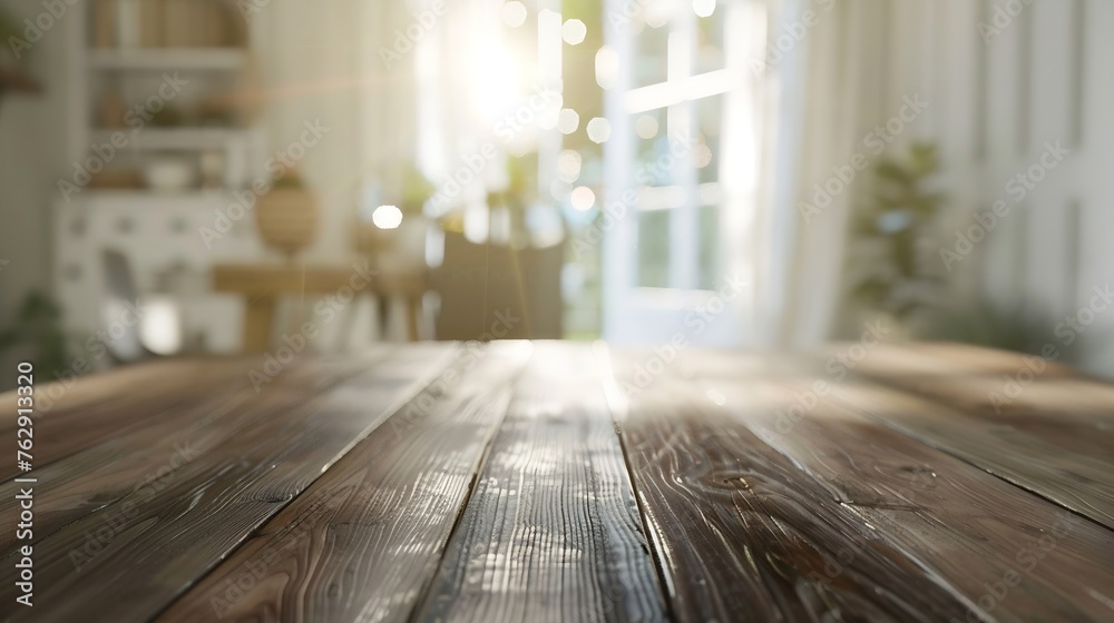 Poster The empty wooden brown table top with blur background of home room in winter Exuberant image : Generative AI
