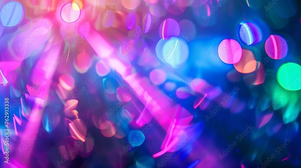 Poster Neon blur glow Color light overlay Disco illumination Defocused blue pink green ultraviolet radiance soft texture on dark abstract empty space background : Generative AI