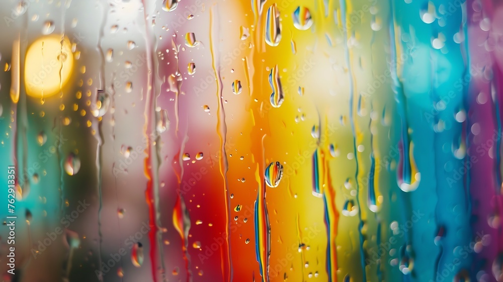 Aufkleber closeup through window of rainy day with water dripping down glass against blurred colorful backgrou