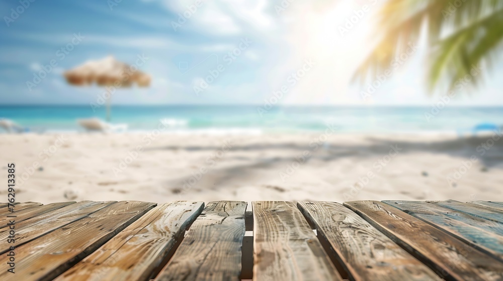 Aufkleber Empty rustic wooden table on blur background of beautiful beach for mockup summer product display or travel ad Picnic table with customizable space on tabletop for editing Flawless : Generative AI