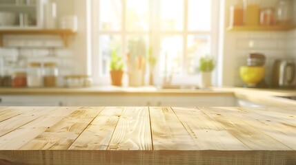Empty wood table top on blur kitchen window background For product or foods montage : Generative AI