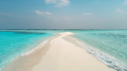 Panorama of a beautiful white sand beach and turquoise water in Maldives Holiday summer beach background Wave of the sea on the sand beach : Generative AI