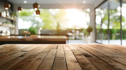 Beautiful empty brown wooden table top and blurred defocused modern kitchen interior background with daylight flare product montage display : Generative AI
