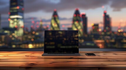 Office workplace with laptop and smart phone on wood table and london city blurred background : Generative AI - obrazy, fototapety, plakaty