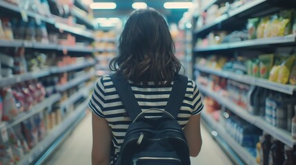 Back view of unrecognizable female customer in striped T shirt with backpack choosing products between shelves in supermarket : Generative AI - obrazy, fototapety, plakaty