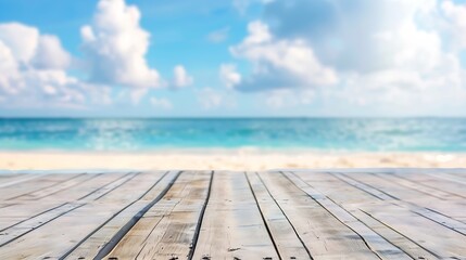 The blur cool sea background with wood floor foreground on horizon tropical sandy beach relaxing outdoors vacation with heavenly mind view at a resort deck touching sunshine sky surf s : Generative AI - obrazy, fototapety, plakaty