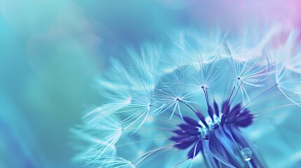Beauty in nature Fantasy closeup of dandelion soft morning sunlight after rain pastel colors Peaceful blue green blurred lush foliage dandelion seed Macro spring nature amazing natural : Generative AI