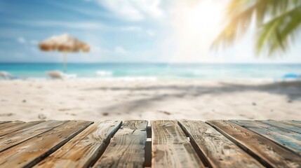 Empty rustic wooden table on blur background of beautiful beach for mockup summer product display or travel ad Picnic table with customizable space on tabletop for editing Flawless : Generative AI