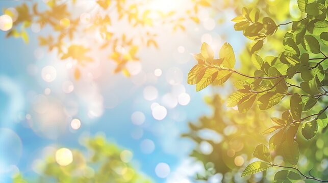 Beautiful blurred background image of spring nature with surrounded by trees against a blue sky with clouds on a bright sunny day : Generative AI