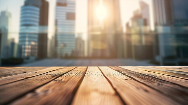 The empty wooden table top with blur background of business district and office building in autumn Exuberant image : Generative AI