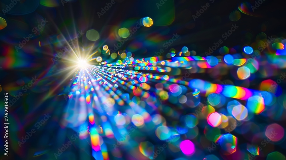 Fototapete blue light flare prism rainbow flares overlay effect on black background light crossing crystals pri