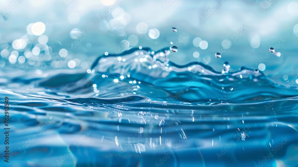 Poster Bluewater waves on the surface ripples blurred Defocus blurred transparent blue colored clear calm water surface texture with splash and bubbles Water waves with shining pattern textur : Generative AI