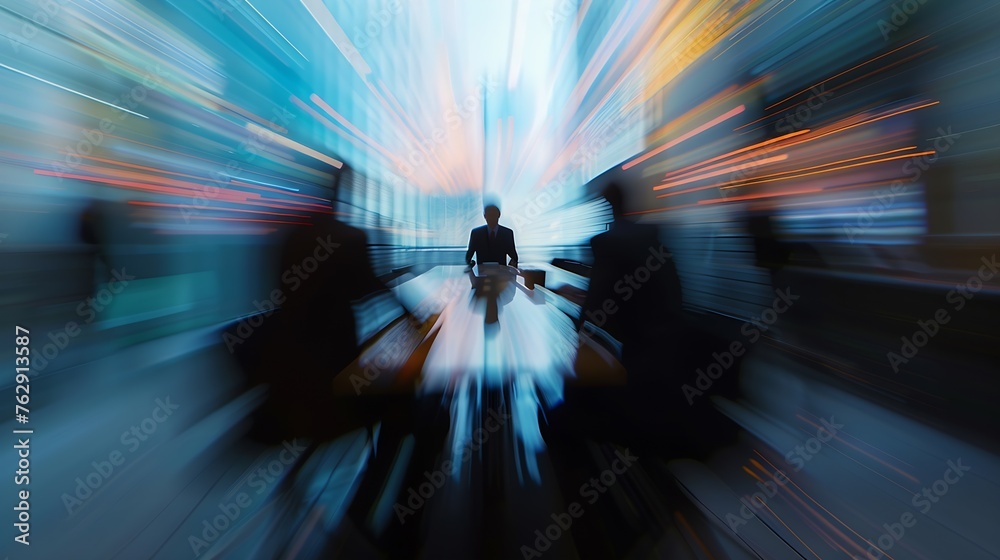 Aufkleber Businessmen blur in the workplace or work space of table work in office with computer or shallow depth of focus of abstract background : Generative AI