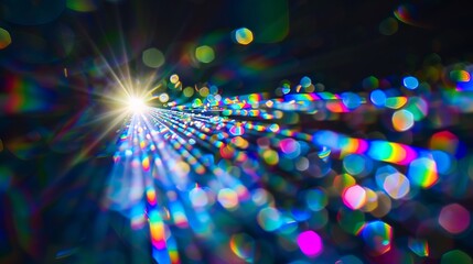 Blue light flare prism rainbow flares overlay effect on black background light crossing crystals...