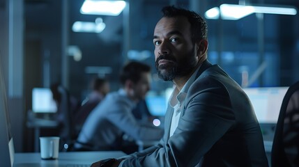 Fototapeta premium Portrait Of Businessman Sitting On Desk In Busy MultiCultural Office With Motion Blurred Colleagues : Generative AI