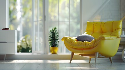 Interior of light living room with yellow sofa and armchair near big window blurred view : Generative AI