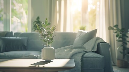 Interior of light living room with cozy grey sofa and coffee table near big window blurred view : Generative AI - Powered by Adobe