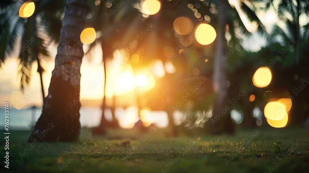 Poster blur nature bokeh green park by beach and tropical coconut trees in sunset time : generative ai
