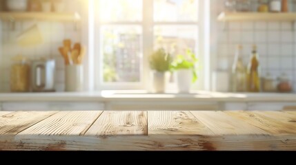 Wood table top on blur kitchen window background panoramic banner  can be used for display or...