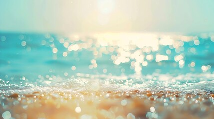 Natural blurred defocused background for concept summer vacation Nature of tropical summer beach with rays of sunlight Light sand beach ocean water sparkles against blue sky : Generative AI - Powered by Adobe