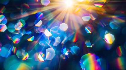 Blue light flare prism rainbow flares overlay effect on black background light crossing crystals prismatic sun catcher reflections rays Abstract blurred colourful lens flare bokeh on d : Generative AI - obrazy, fototapety, plakaty