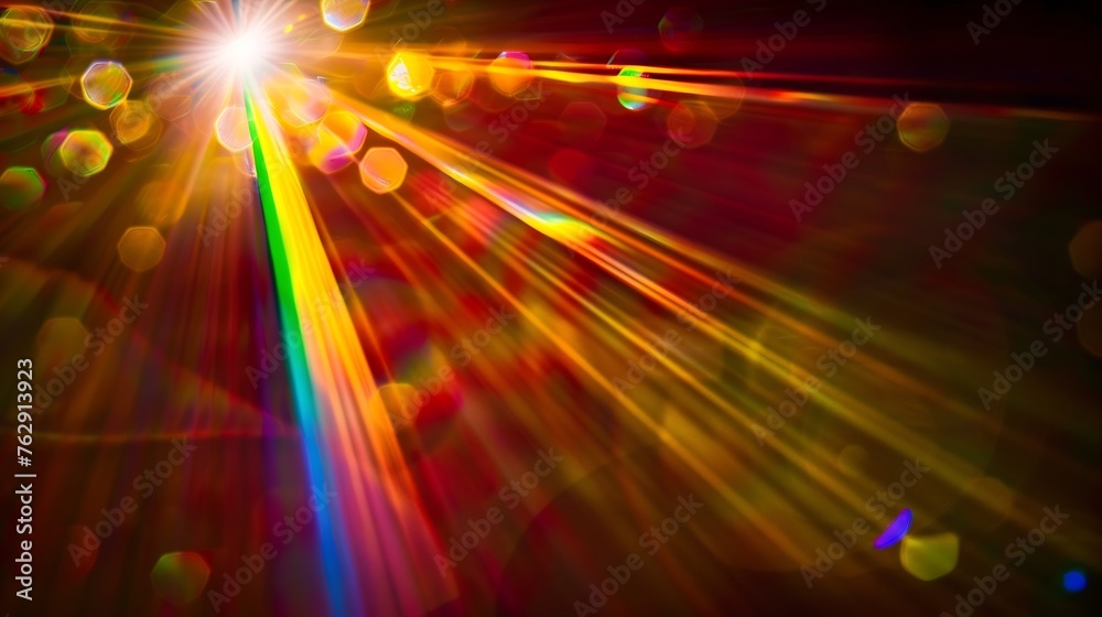 Aufkleber rainbow light effect from sun flares on black background colorful glare and shine light rays on spar