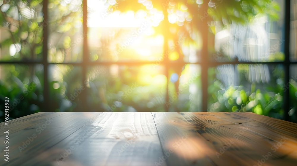 Aufkleber Blur meeting room table in office background with see through window to tree in garden in morning with no peoplebuisness backdrop : Generative AI
