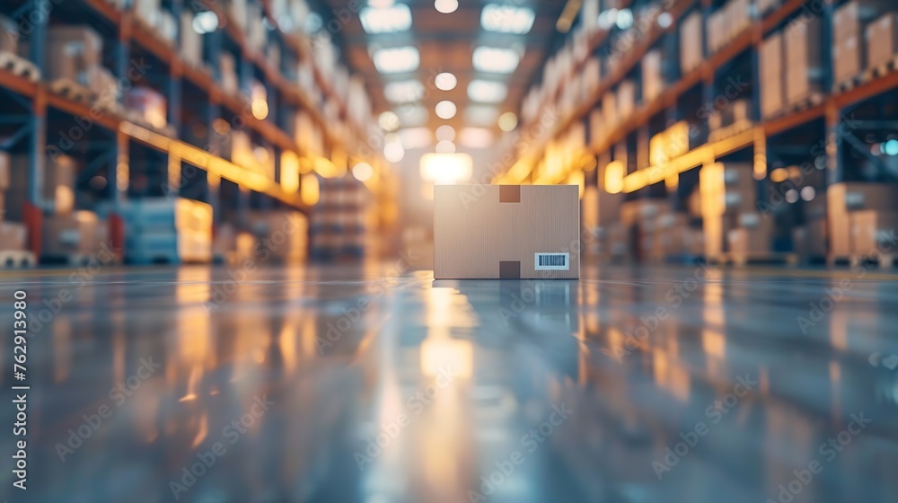 Aufkleber Blur warehouse background Blurred store factory industry warehouse space and hardware box for delivery with bokeh light background business logistic distribution storage cargo concept : Generative AI