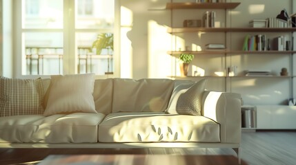 Blurred view of modern living room with sofa and soft bench room interior with  couch armchair and coffee table or shelving units stylish living room comfortable workplace near big win : Generative AI