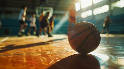 Basketball ball on wooden court Young boys play basketball match in blurred background Junior level sports team compete in indoor game : Generative AI