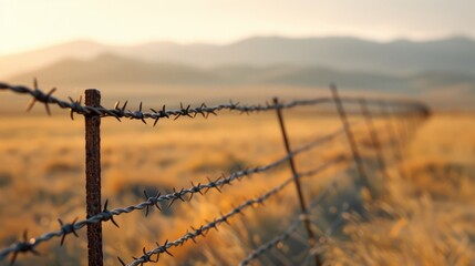 Barbed wire fences cutting through the landscape - obrazy, fototapety, plakaty