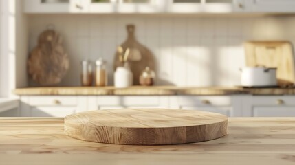Empty beautiful round wood tabletop counter on interior in clean and bright kitchen  background Ready for display Banner for product montage : Generative AI