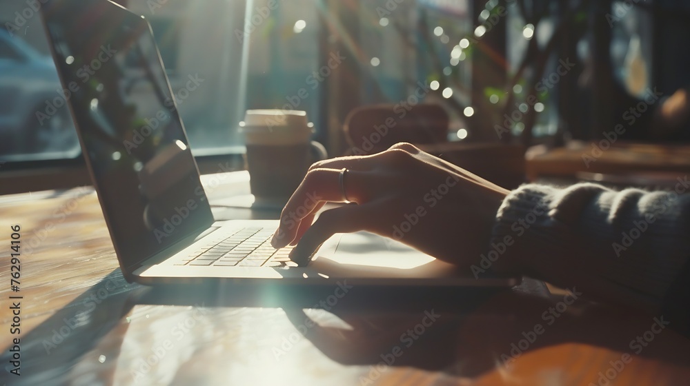 Poster blurred vision of hand reached to laptop with coffee near window : generative ai