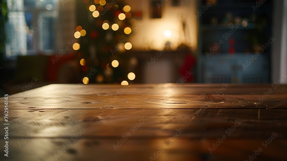 Poster The empty wooden brown table top with blur background of home room in winter Exuberant image : Generative AI