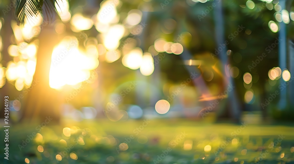 Poster blur nature bokeh green park by beach and tropical coconut trees in sunset time : generative ai