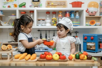 Children playing with a toy kitchen and pretending to cook
