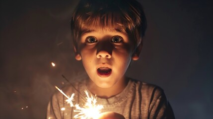 High angle view of scared boy holding sparkler : Generative AI - Powered by Adobe