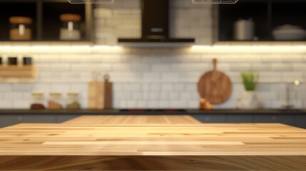 empty table board and defocused modern kitchen background product display concept : Generative AI