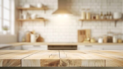Beautiful wooden table top against on blurred white light interior background room and kitchen with light bokeh background use for product display montage templated : Generative AI - obrazy, fototapety, plakaty