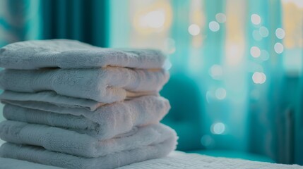 Stack of clean soft towels on blurred background : Generative AI