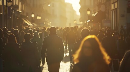 Urban life scene with anonymous crowd of people walking on a busy French street : Generative AI